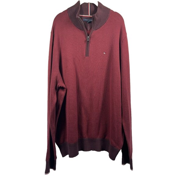 Tommy Hilfiger Mens 1/4 Zip Sweater XXL 2XL Pullover Herringbone Logo Thick Knit - Picture 1 of 9
